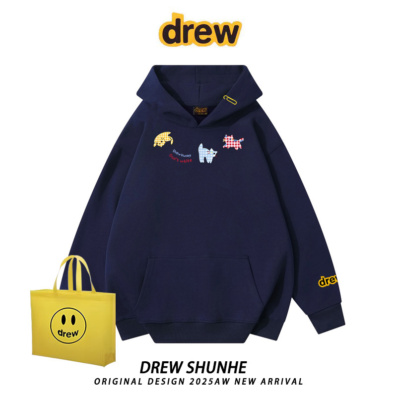 Drew潮牌宽松猫咪加绒连帽卫衣