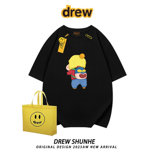 drew美式潮牌蜡笔小新卡通印花短袖t恤男女休闲宽松bf情侣上衣INS