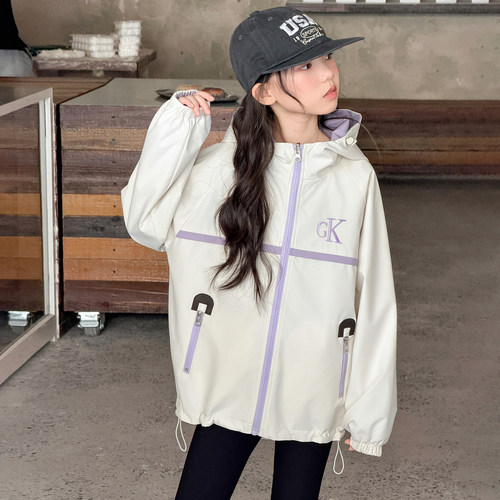 韩系女童秋装双面穿外套2026新款中大童女孩春秋款休闲连帽冲锋衣