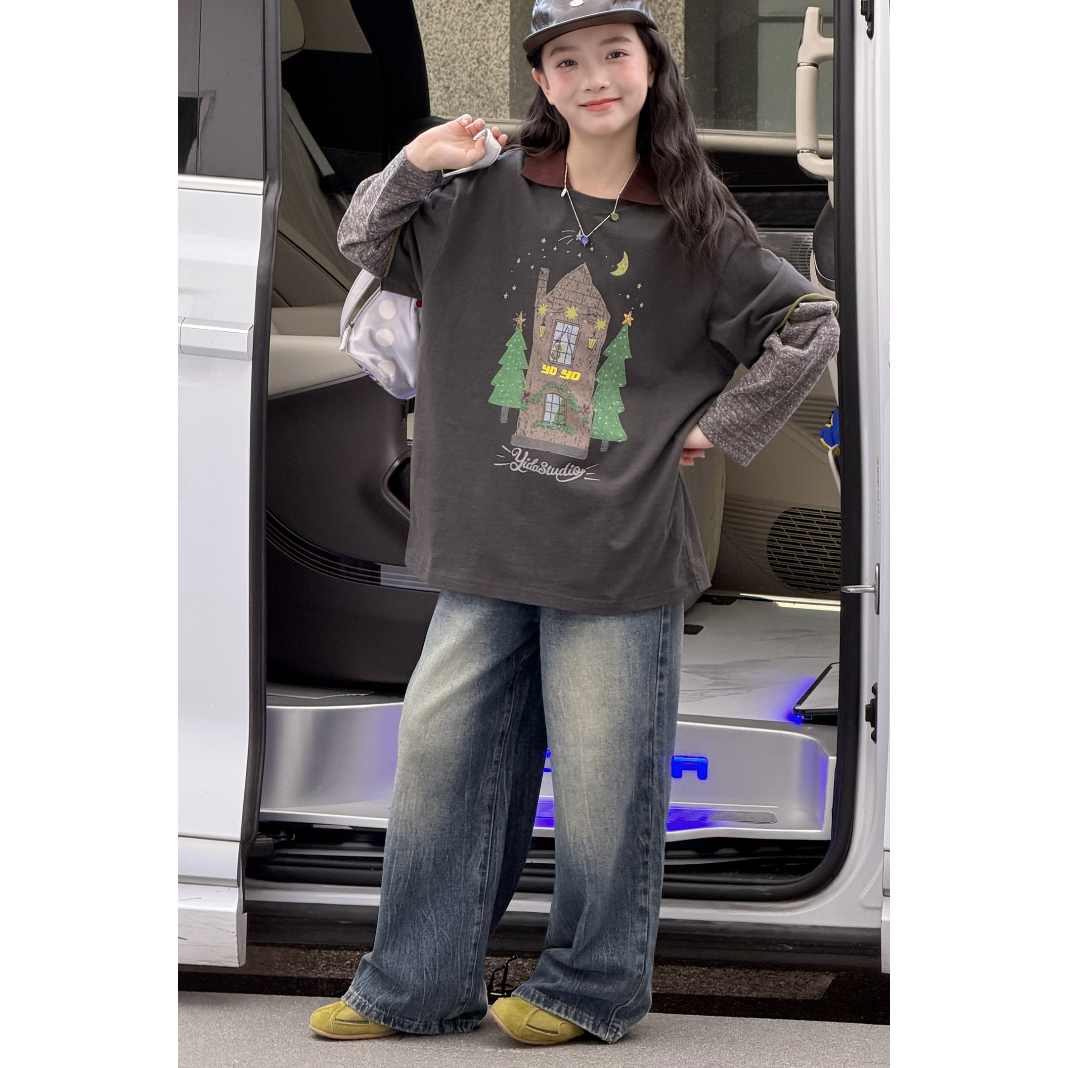韩系女童翻领长袖T恤2026秋装2026新款女大童时髦卡通上衣牛仔裤