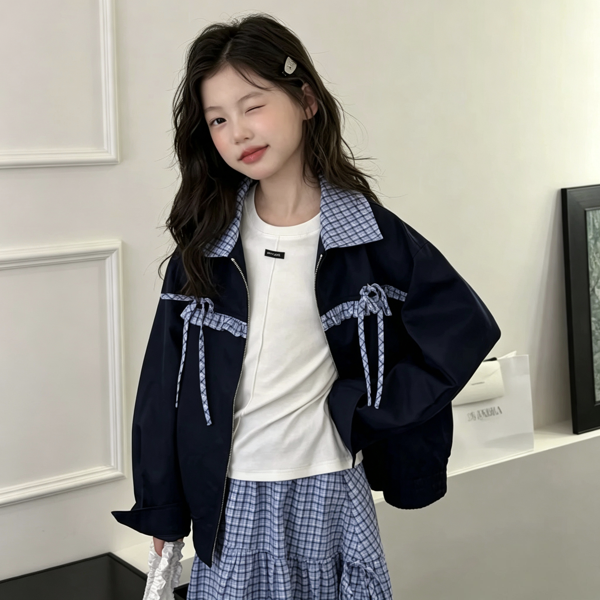 韩系女童学院风外套秋装2026新款初中生蓝格子翻领夹克上衣外套
