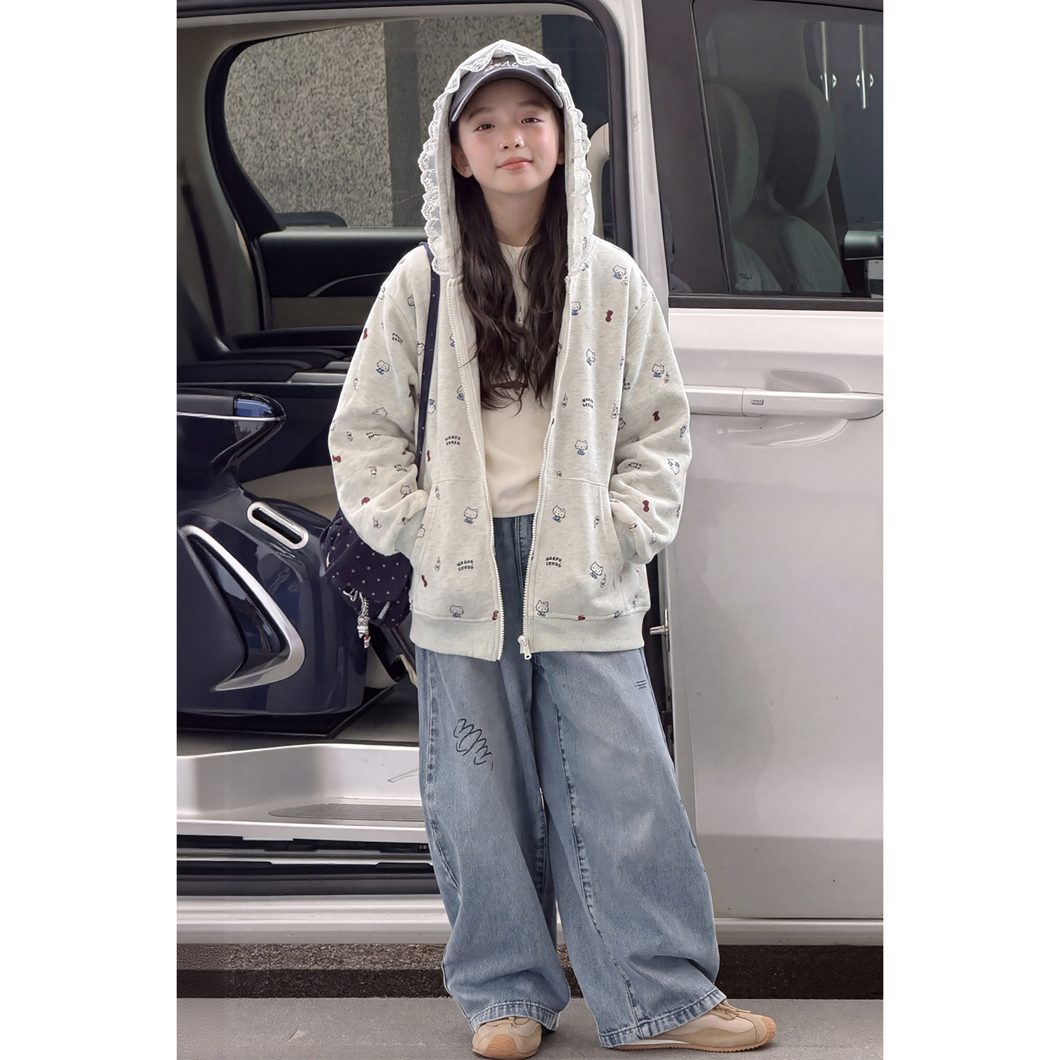 韩系女童连帽外套2026新款秋季大童洋气百搭kt印花开衫卫衣牛仔裤
