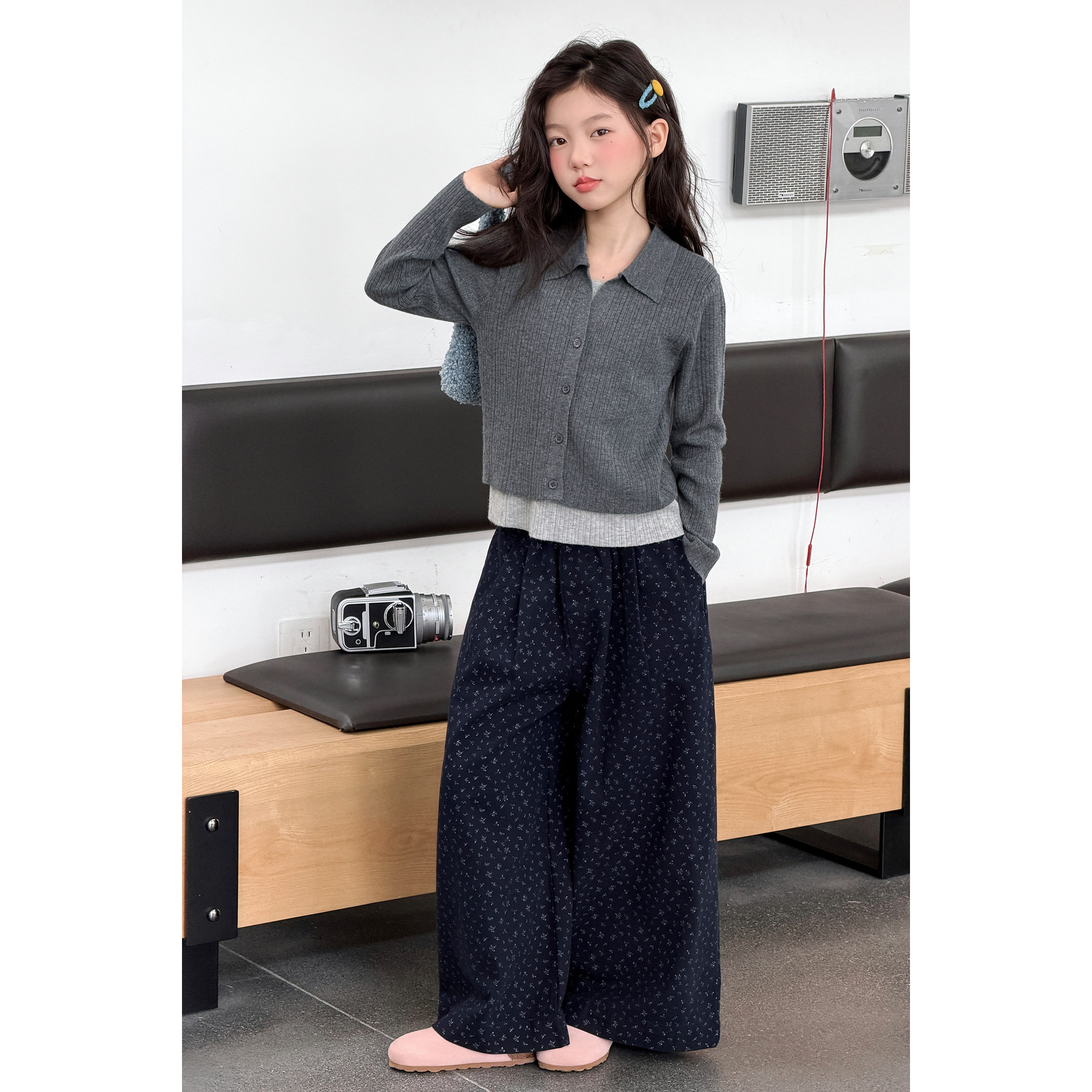 韩系女童秋装假两件上衣套装2026新款女大童碎花阔腿裤儿童两件套