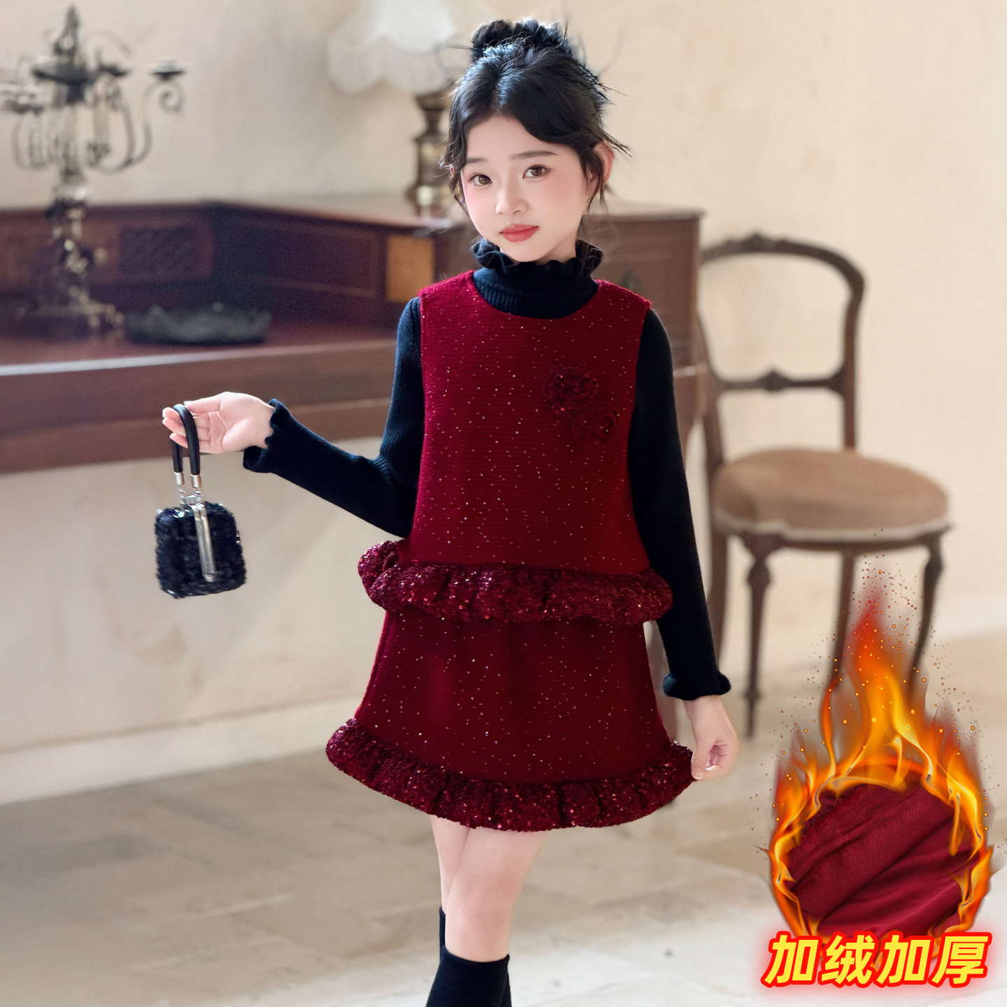 女童红色加绒套装裙2025新款秋冬新年服女孩洋气毛衣背心裙三件套