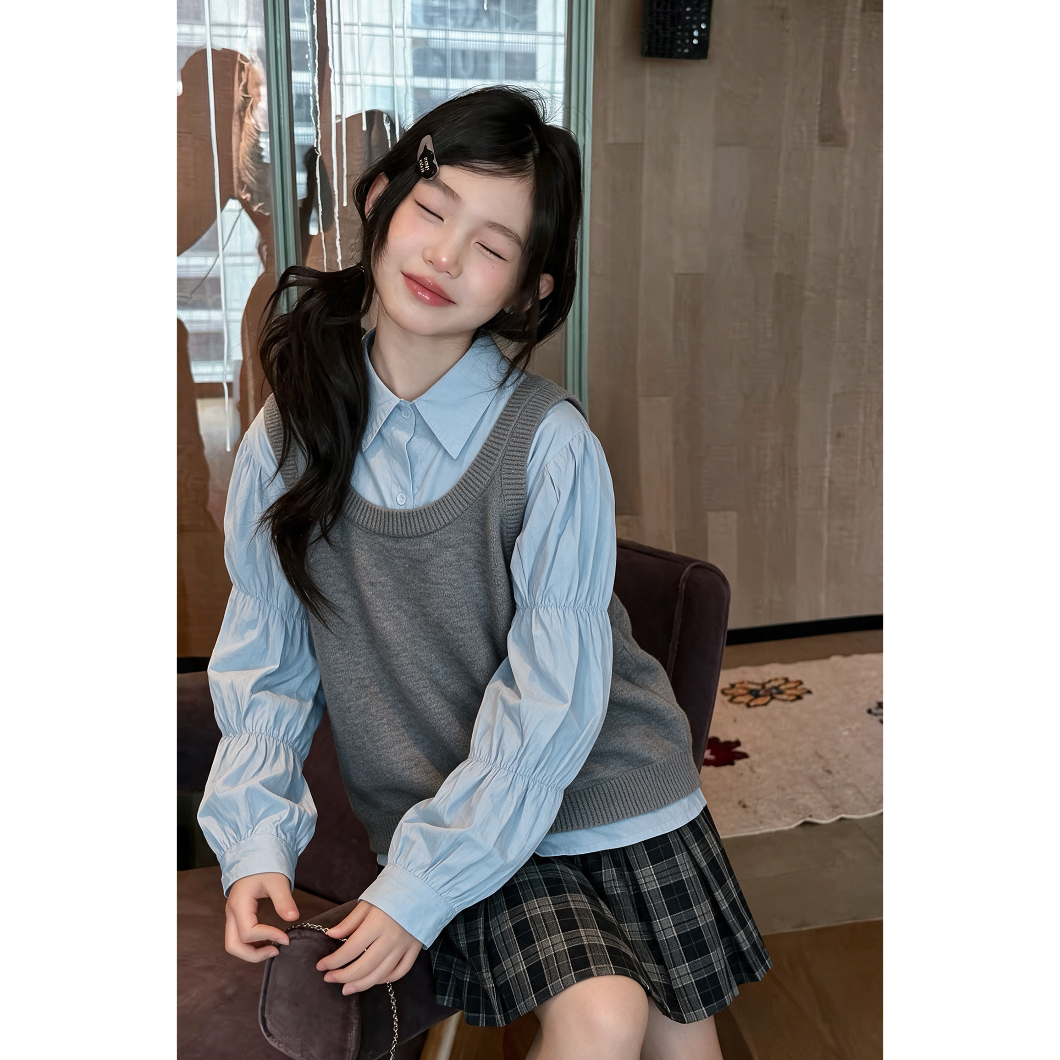 韩系女童学院风针织套装秋季2026新款儿童衬衫学生装春秋款百褶裙