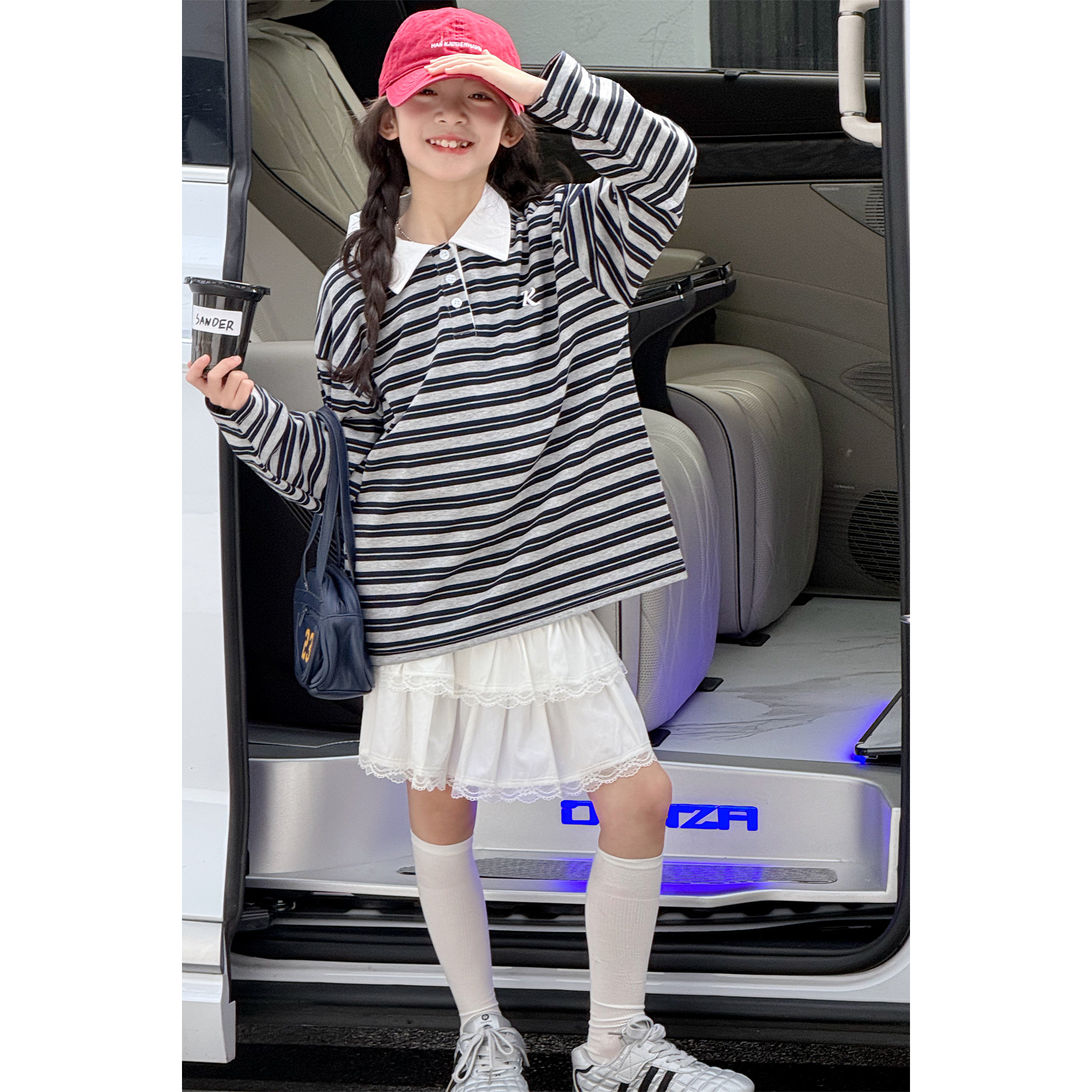 韩系女童秋季长袖polo衫2026新款时尚儿童条纹体恤半身蛋糕裙子