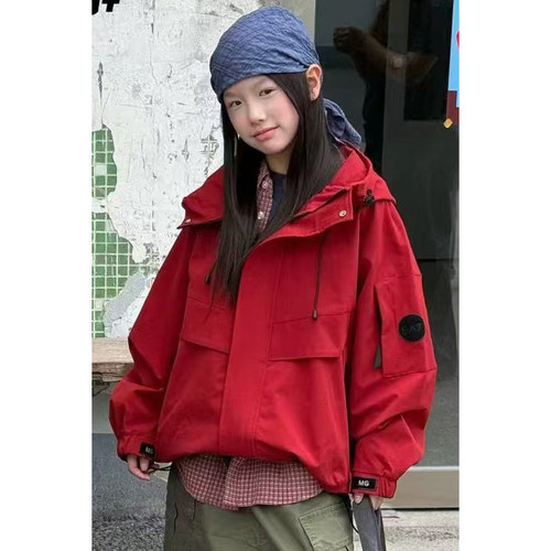 韩系女童连帽冲锋衣外套2026新款秋季中大童纯色夹克女孩外套潮