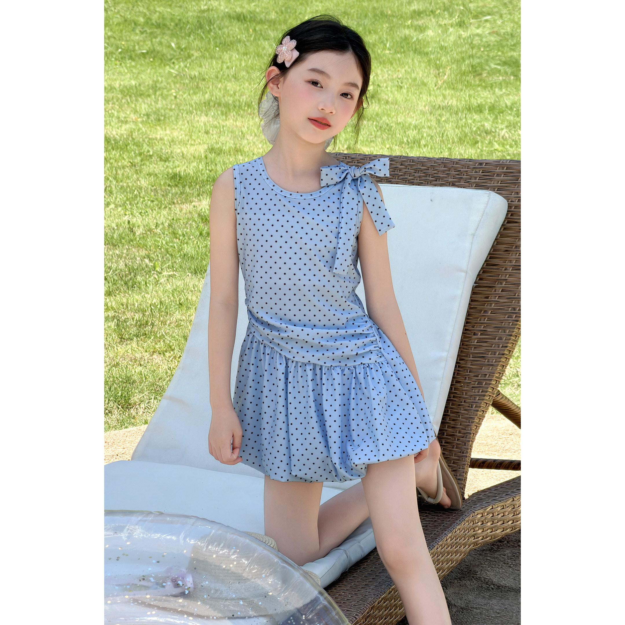 女童波点花苞裙连体泳衣2026夏季新款连衣裙游泳服大儿童沙滩泳装
