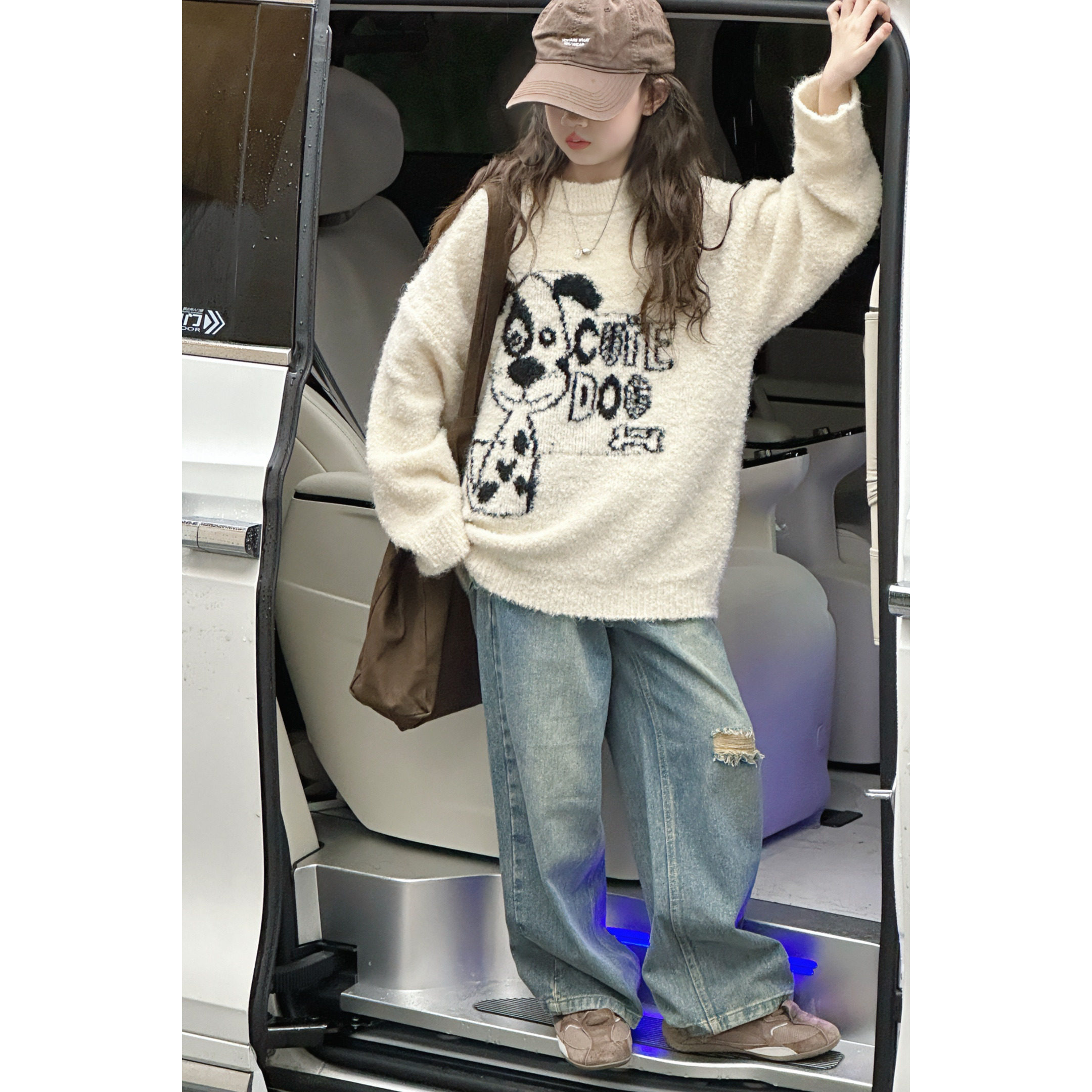 韩系女童卡通狗狗提花毛衣2026秋冬新款圆领套头针织衫中大童上衣