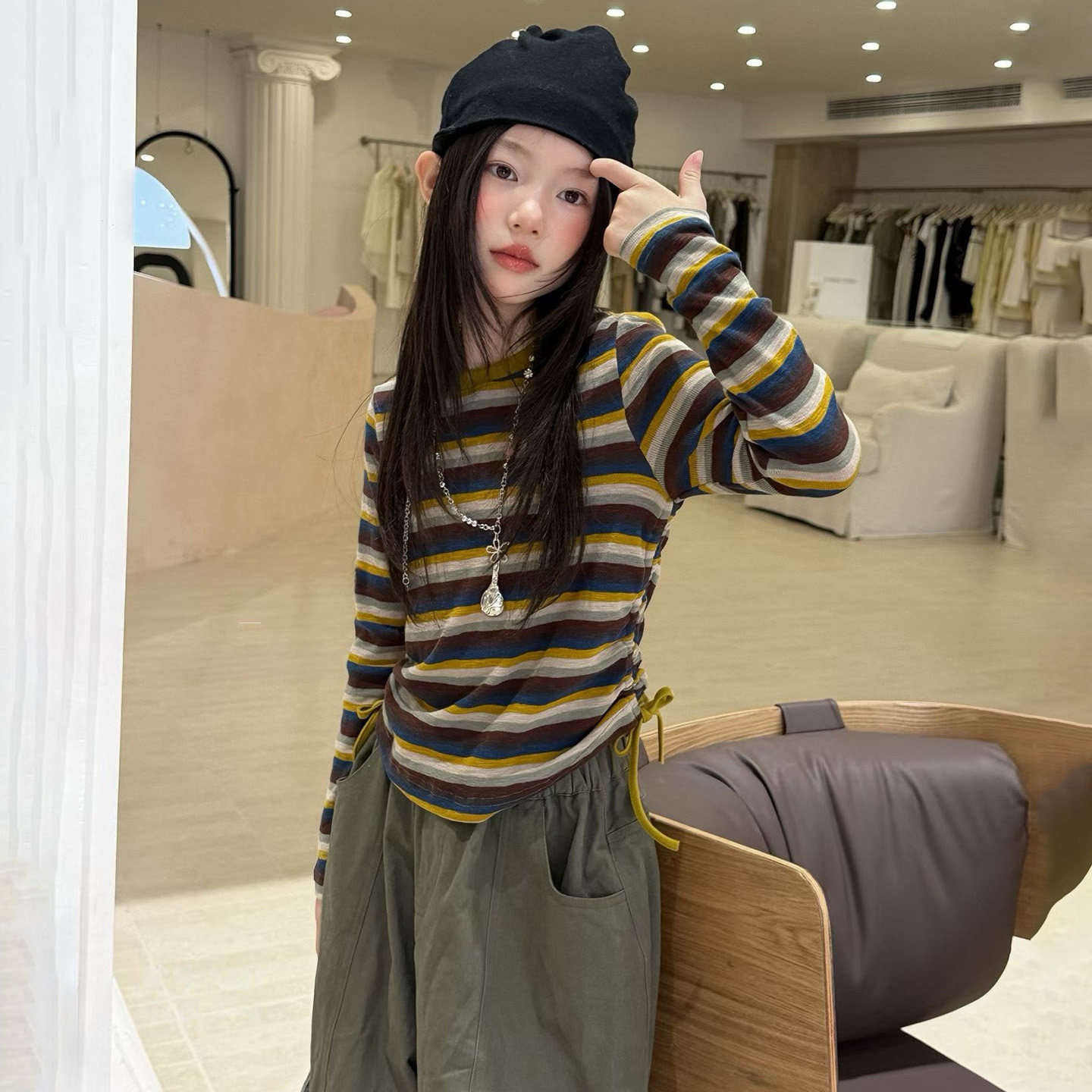 女童韩系套装秋装2026新款中大童洋气条纹打底衫工装裤春秋两件套