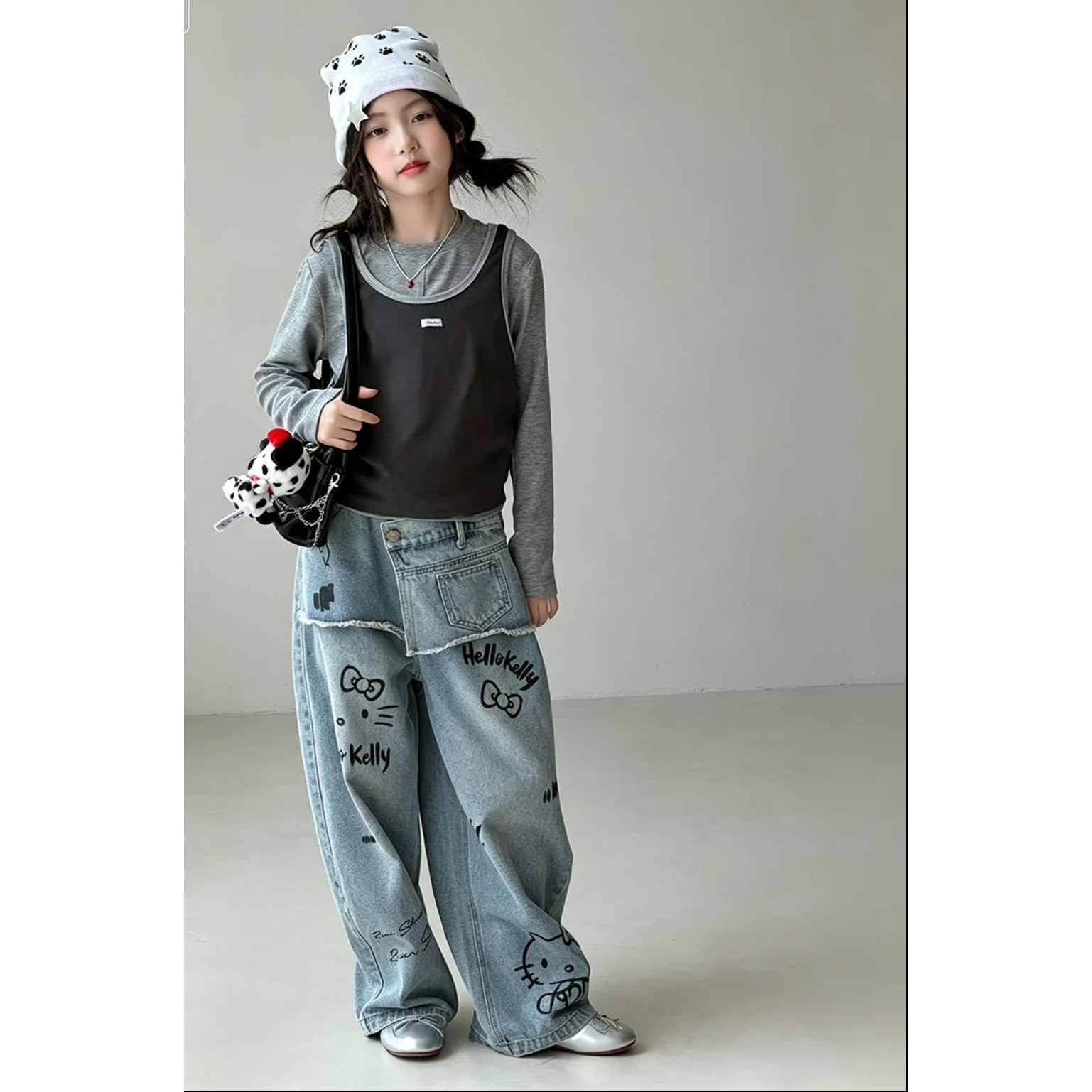韩版女童甜美套装2026秋季儿童打底衫吊带T恤牛仔阔腿裤子两件套