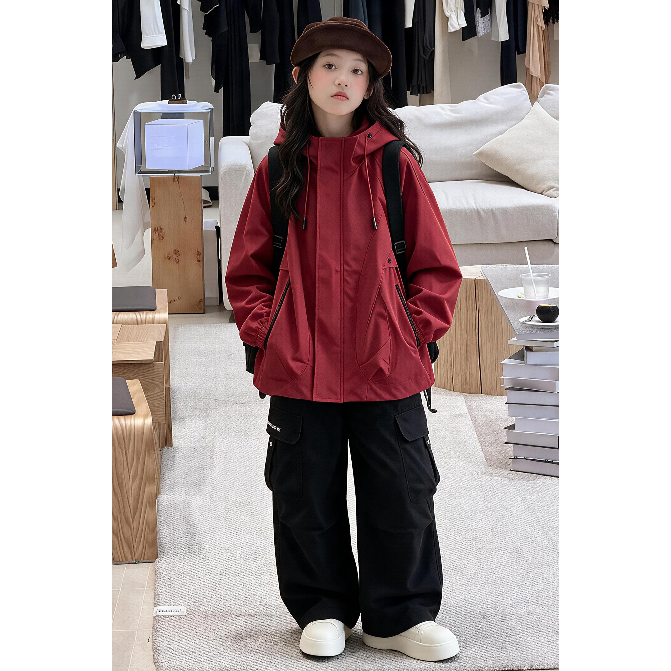 韩系女童休闲外套2026新款秋装儿童秋装连帽冲锋衣工装裤子两件套