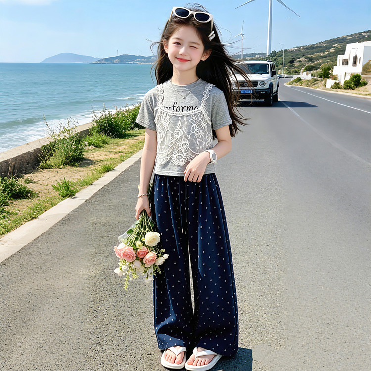 多巴胺女童套装夏薄款2026新款夏天甜美儿童蕾丝短袖波点防蚊裤薄图片