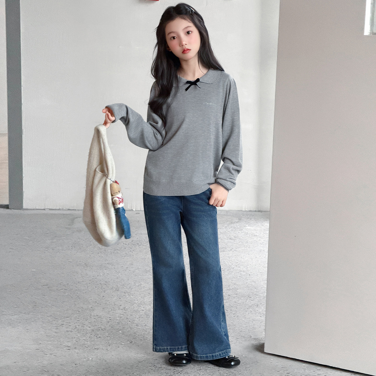 甜美女童针织衫套装2026秋季新款儿童洋气上衣牛仔喇叭裤子两件套