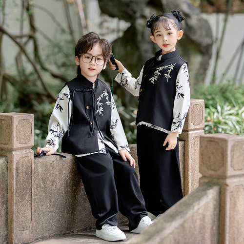 儿童西装生日国风马甲三件套新中式主持人走秀男花童婚礼演出礼服