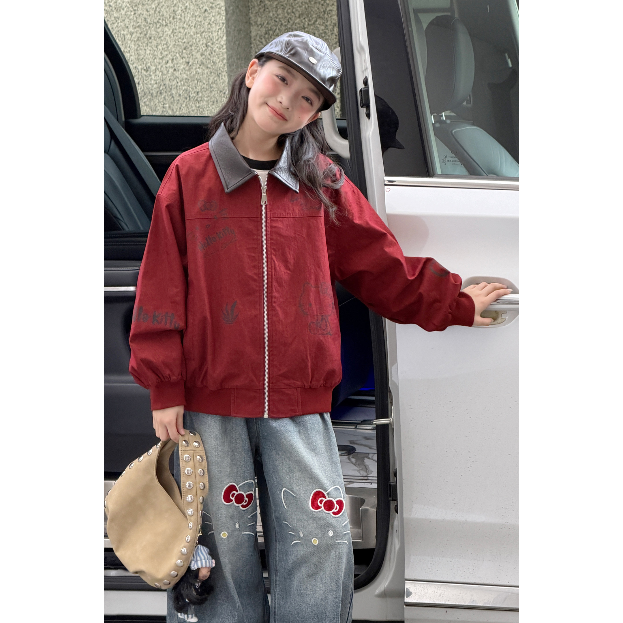 韩系女童外套秋装2026新款宽松皮领棒球服女大童红色百搭拉链开衫