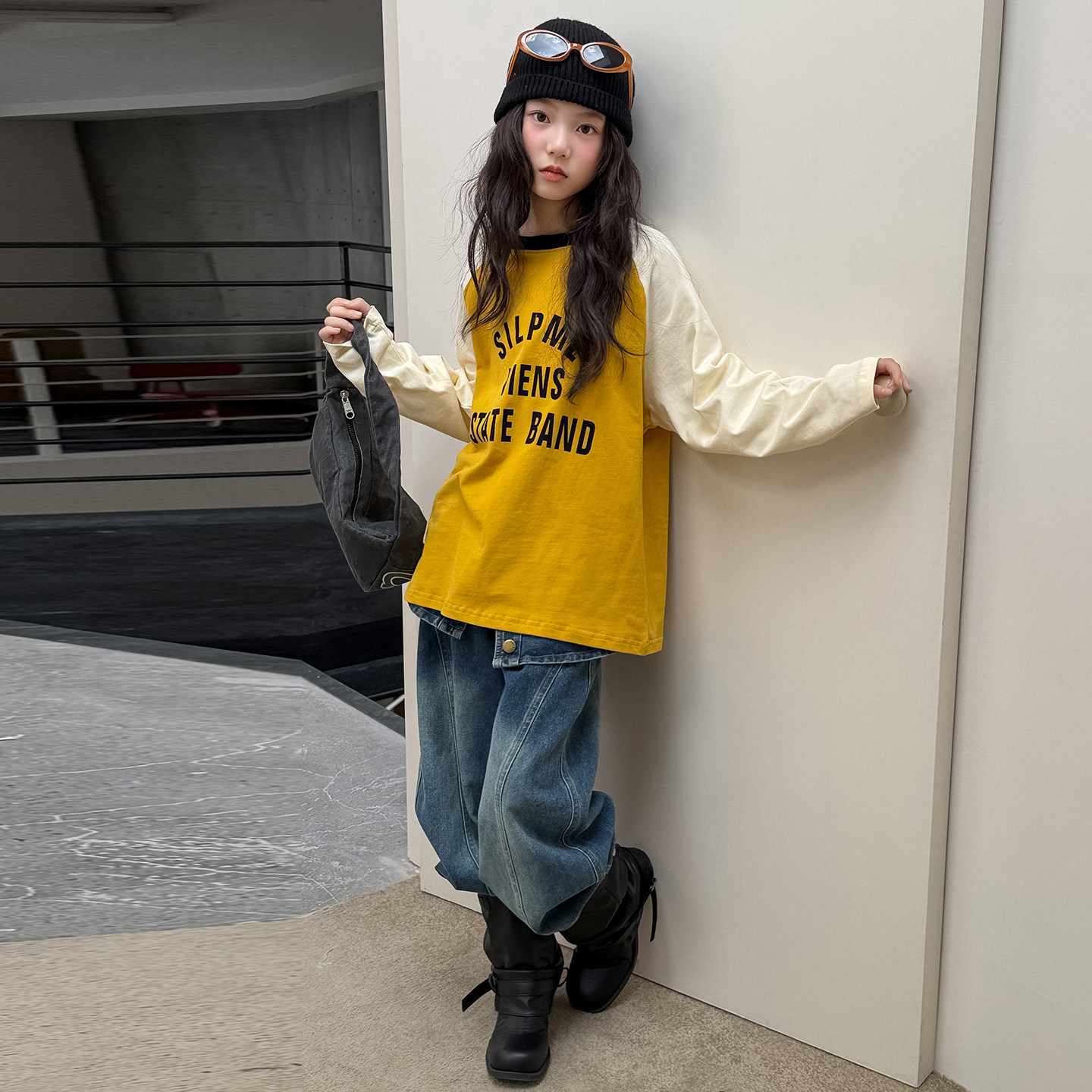 韩系女童时髦套装2026秋季新款儿童T恤打底衫屁帘牛仔裤子两件套