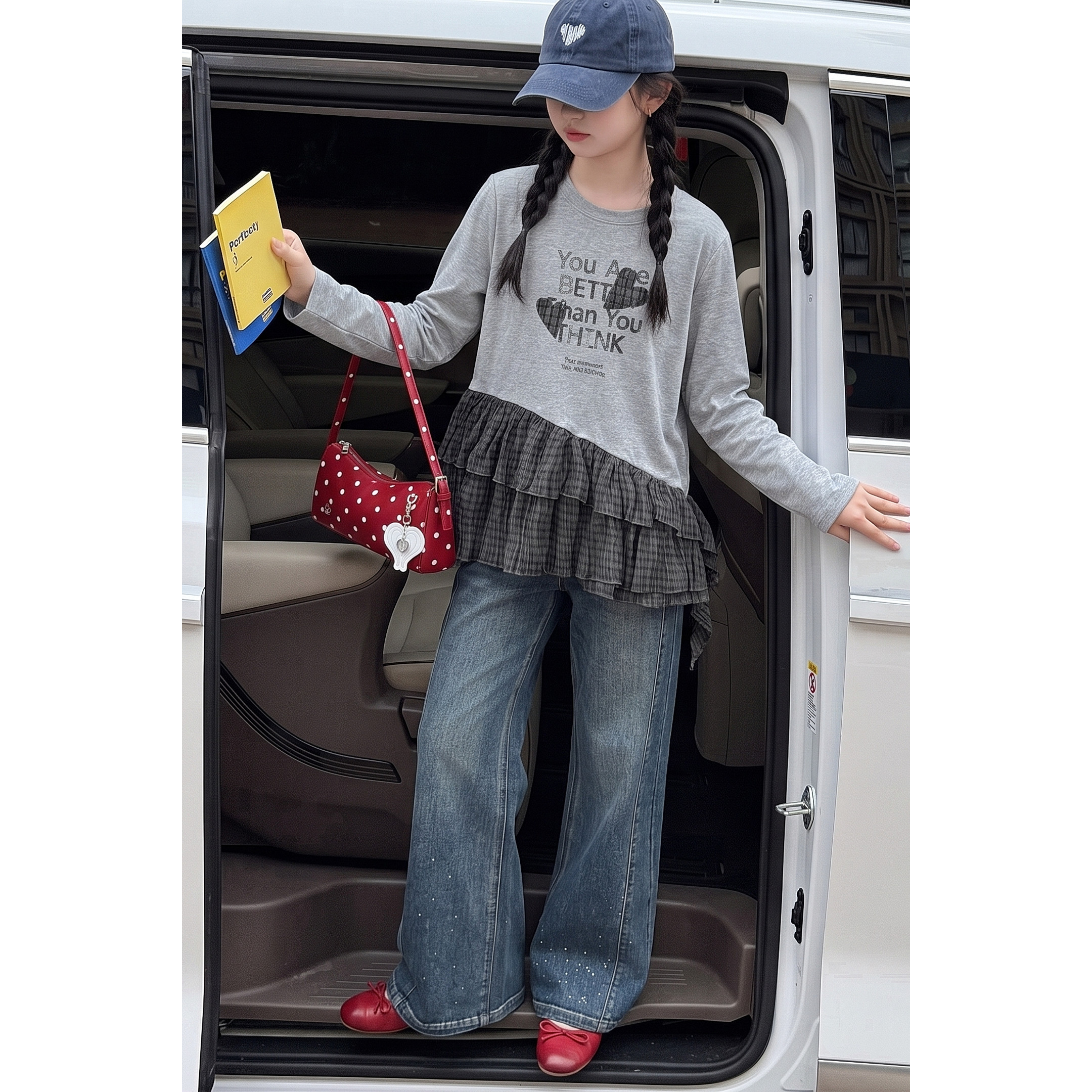 韩系女童花边甜美上衣2026新款秋季中大童百搭小衫烫钻牛仔裤套装