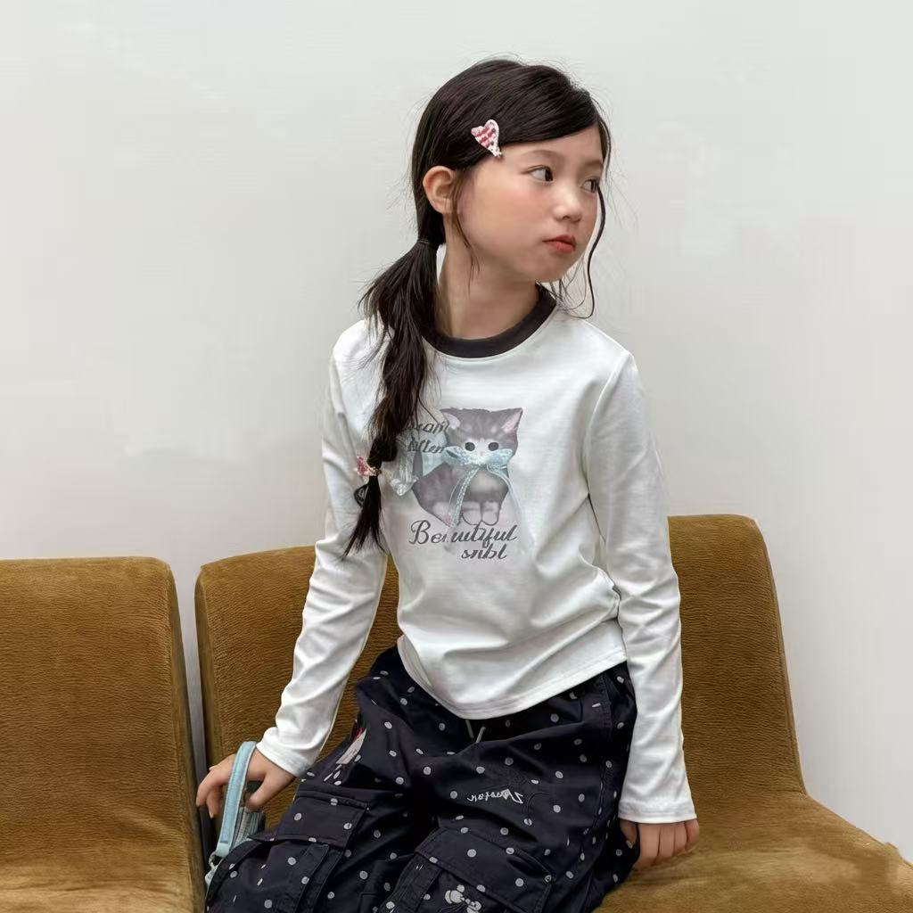 韩系甜美女孩长袖2026秋季新款女童韩版卡通猫咪印花百搭T恤衫