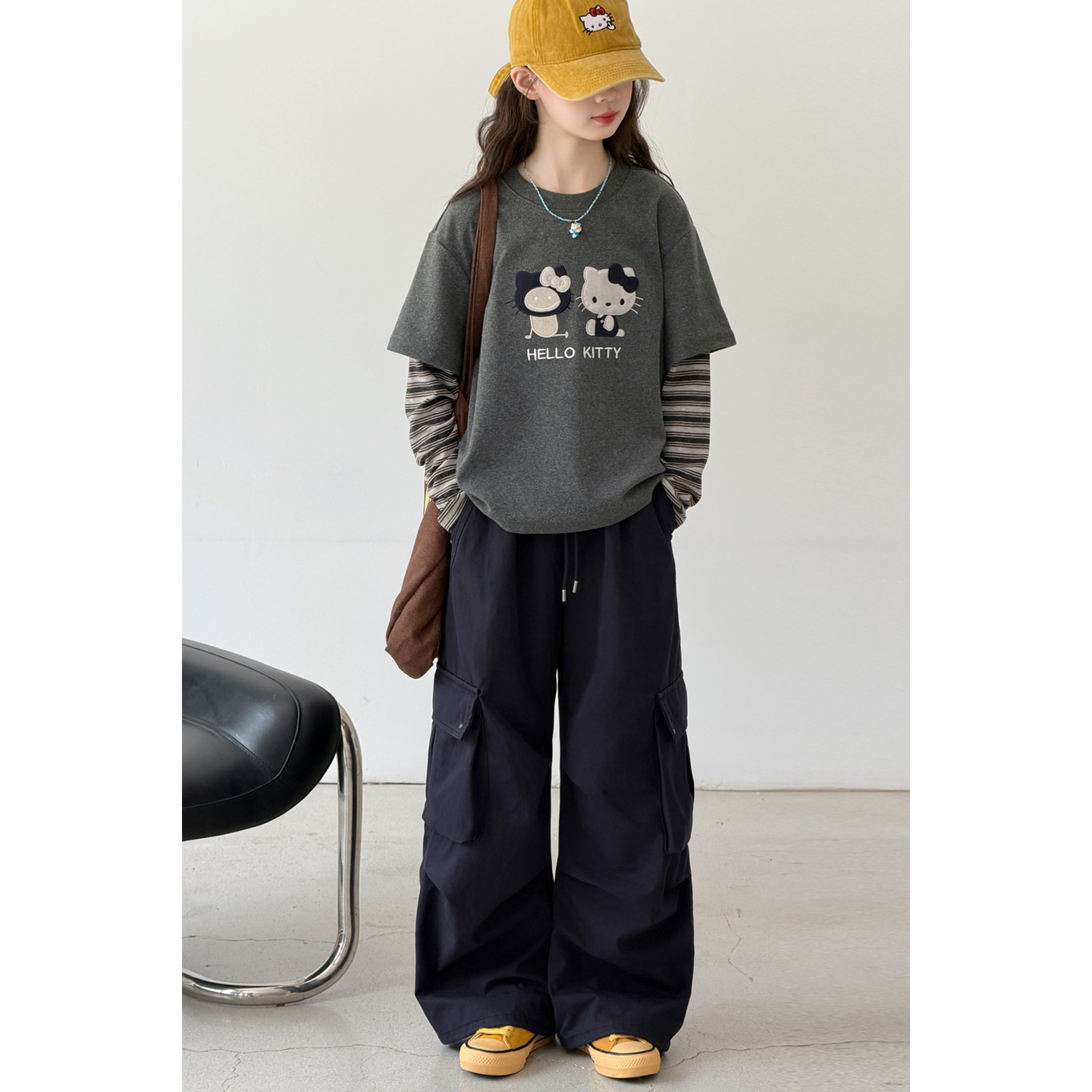 女童套装2026春秋新款假两件KT猫卡通打底衫休闲工装裤洋气两件套