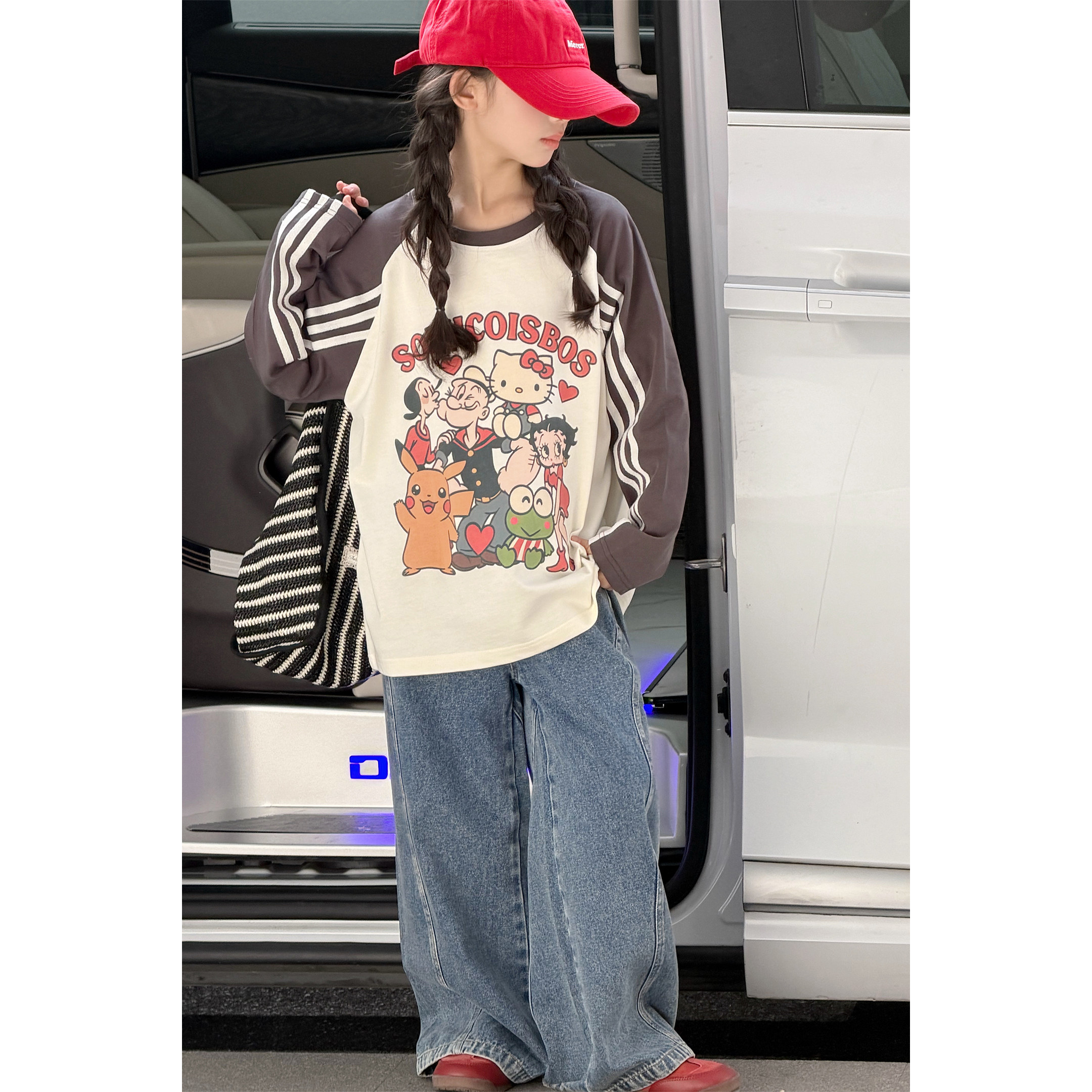 韩系女童拉条长袖T2026秋季新款中大童薄款卡通插肩袖上衣牛仔裤