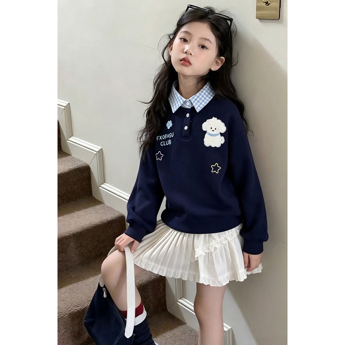 韩版女童格子衬衫领卫衣2026秋季新款儿童假两件学院风卡通套头衫
