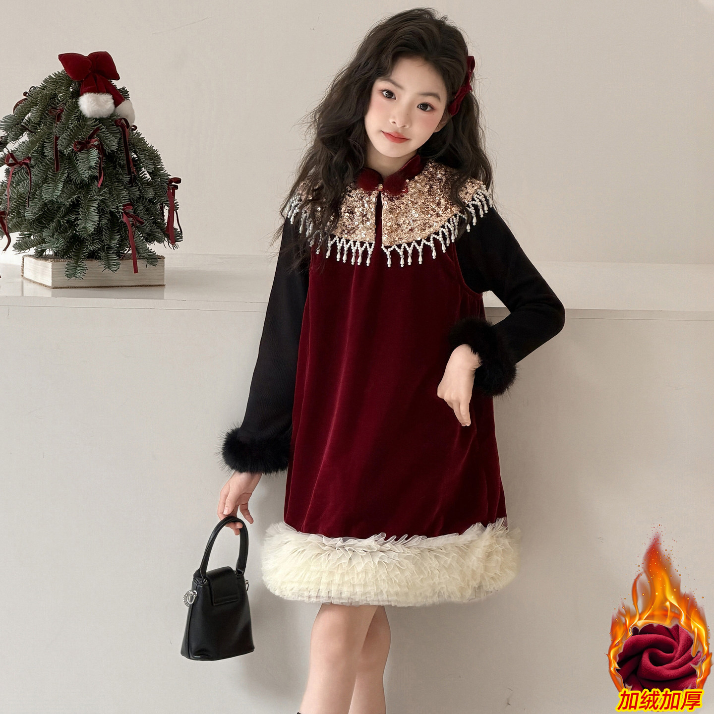 女童冬季连衣裙2026新款儿童洋气新中式古风亮片连衣裙拜年服套装