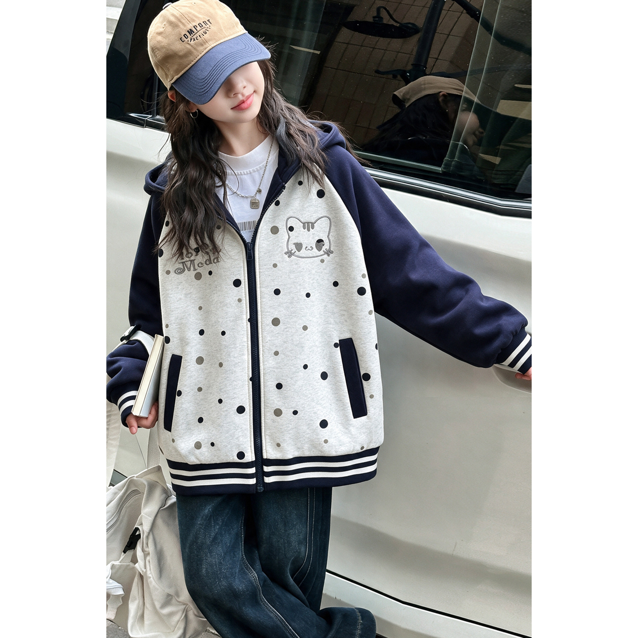 韩系女童卫衣开衫女甜酷风时髦可爱刺绣卡通宽松棒球服外套上衣潮