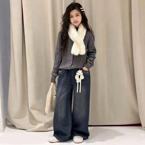 韩系女童一体绒牛仔裤2026新款秋冬款季儿童洋气加绒阔腿直筒裤子