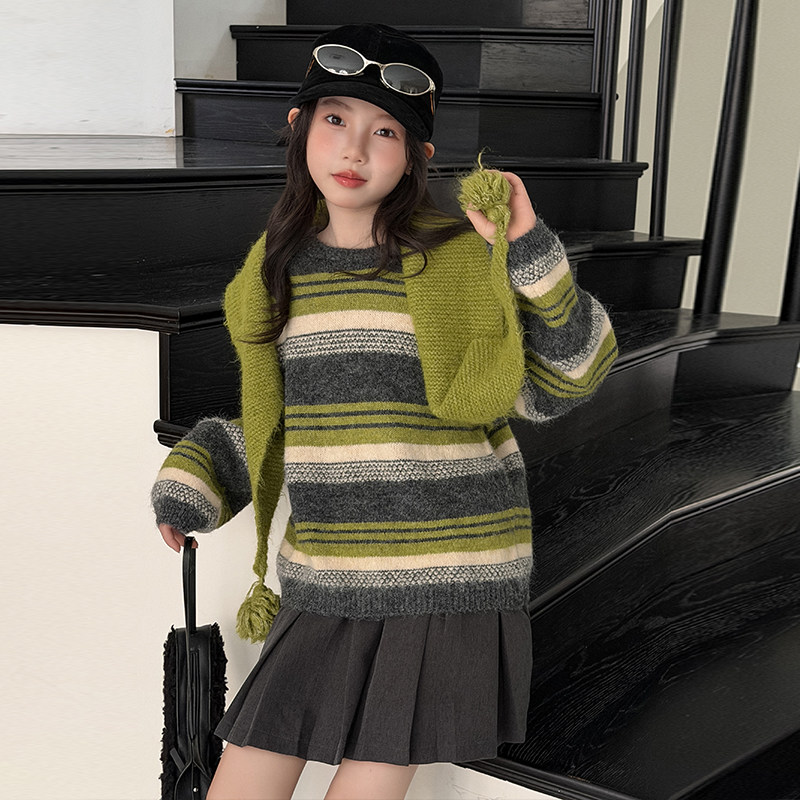 韩系女童毛衣套装2026新款秋冬季儿童披肩条纹上衣阔腿裤子两件套