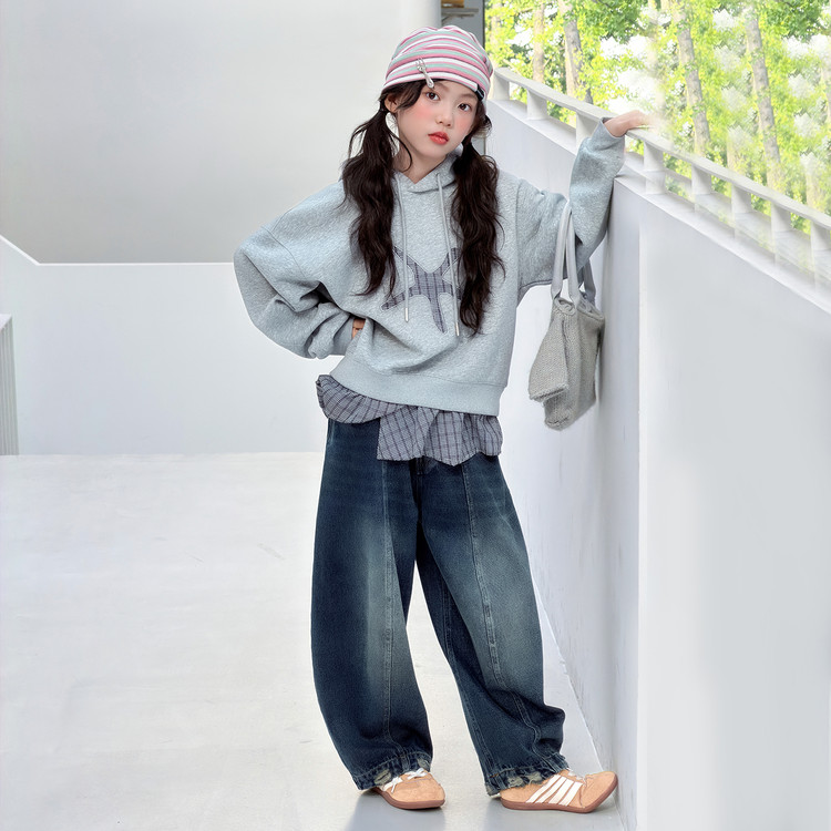 韩系女童秋款连帽卫衣套装2026新款女大童宽松阔腿牛仔裤两件套