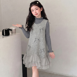 甜美女孩呢子连衣裙套装2026秋冬新款小香风背心裙毛衣打底两件套