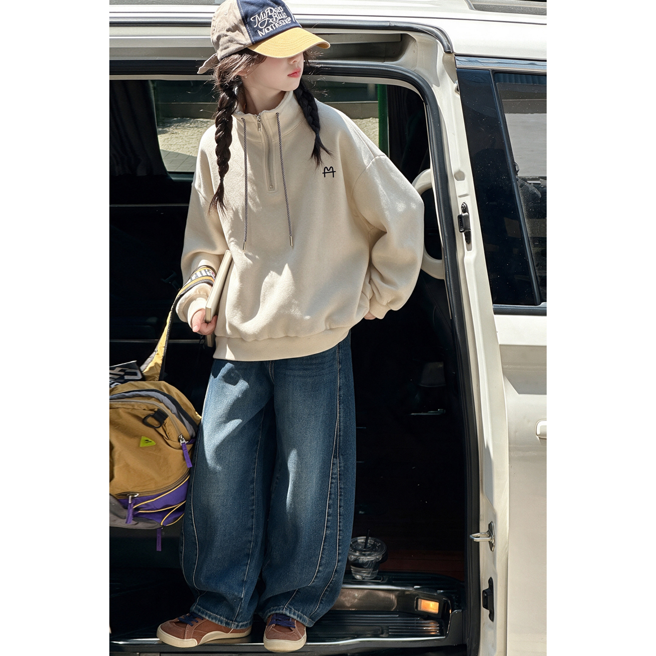 韩系女童春秋款半拉链休闲卫衣套装女大童洋气时髦牛仔裤儿童秋装
