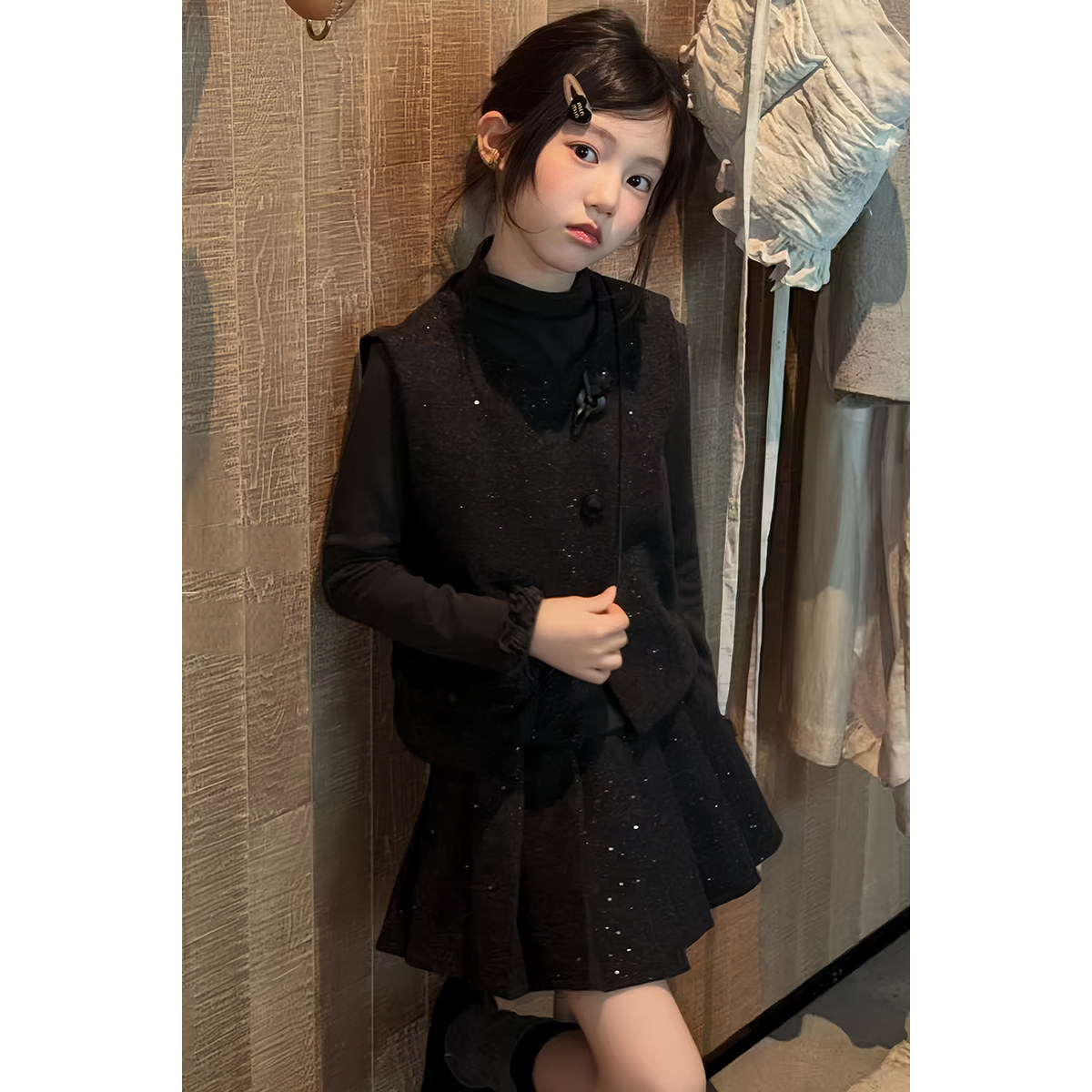 韩系女童呢子套装2026秋季新款儿童秋冬装马甲打底衫百褶裙三件套