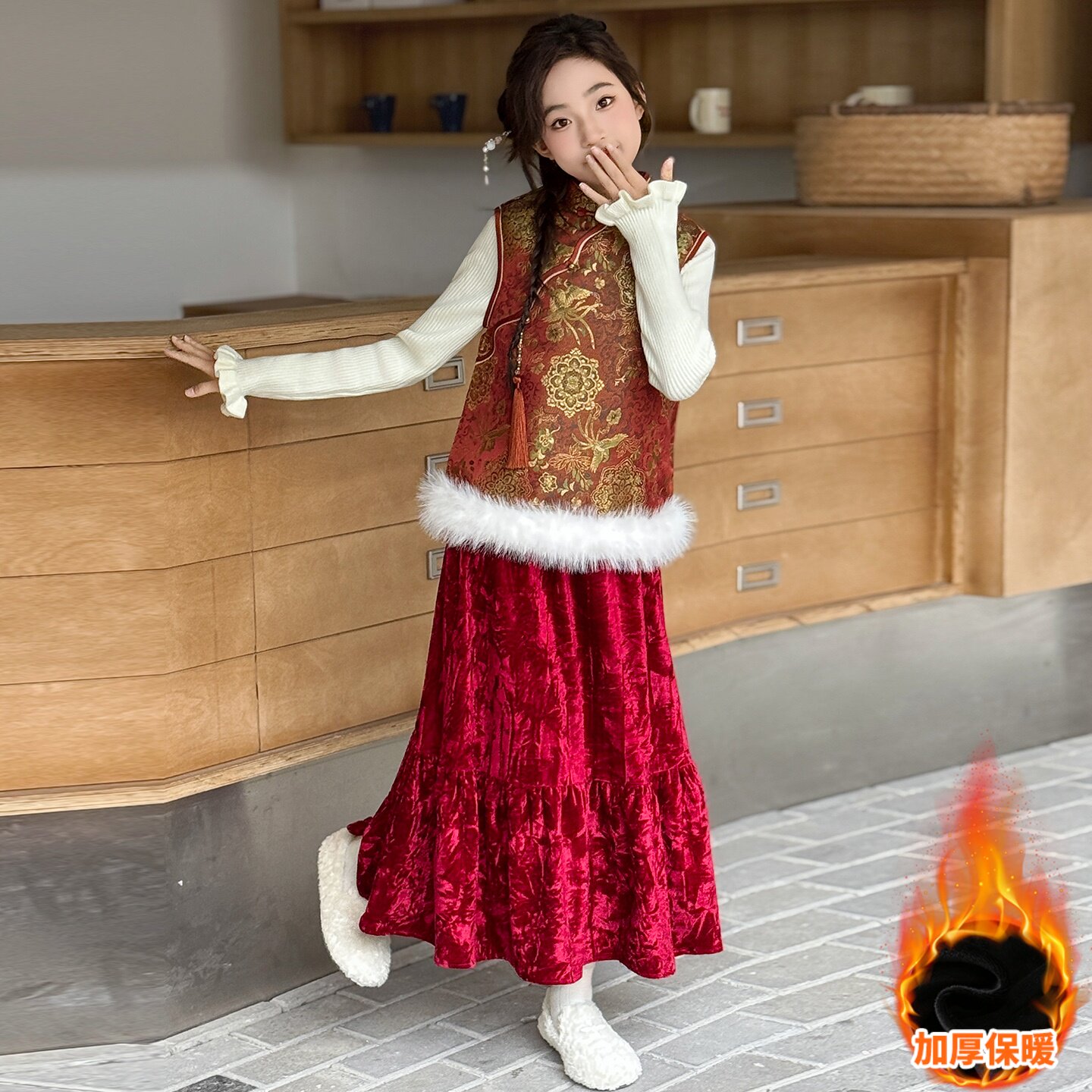 女童中国风马甲套装2025冬季新款女孩加绒保暖半身裙毛衣三件套冬