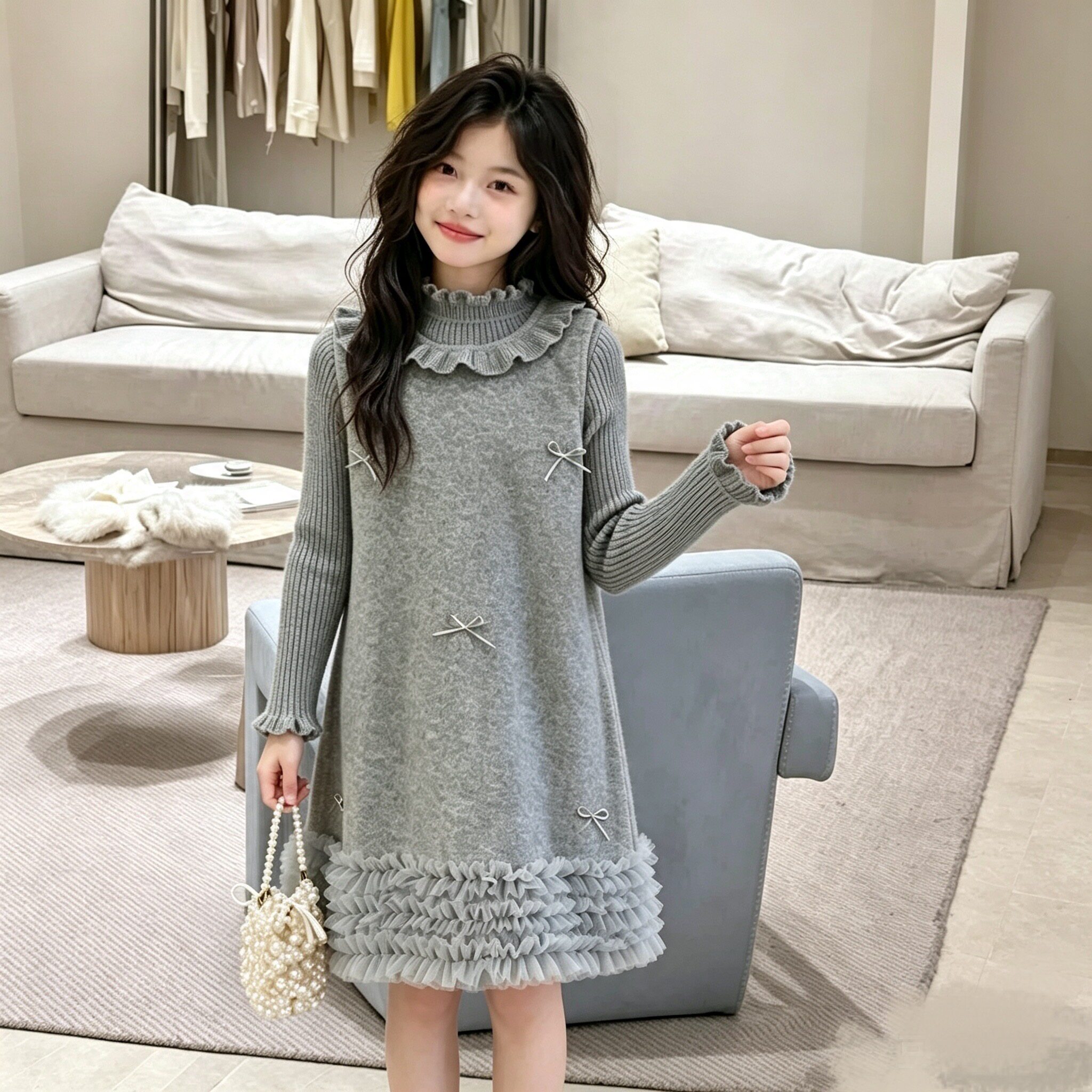 韩系女童背心裙套装2026新款秋冬款儿童冬装毛衣呢子连衣裙两件套