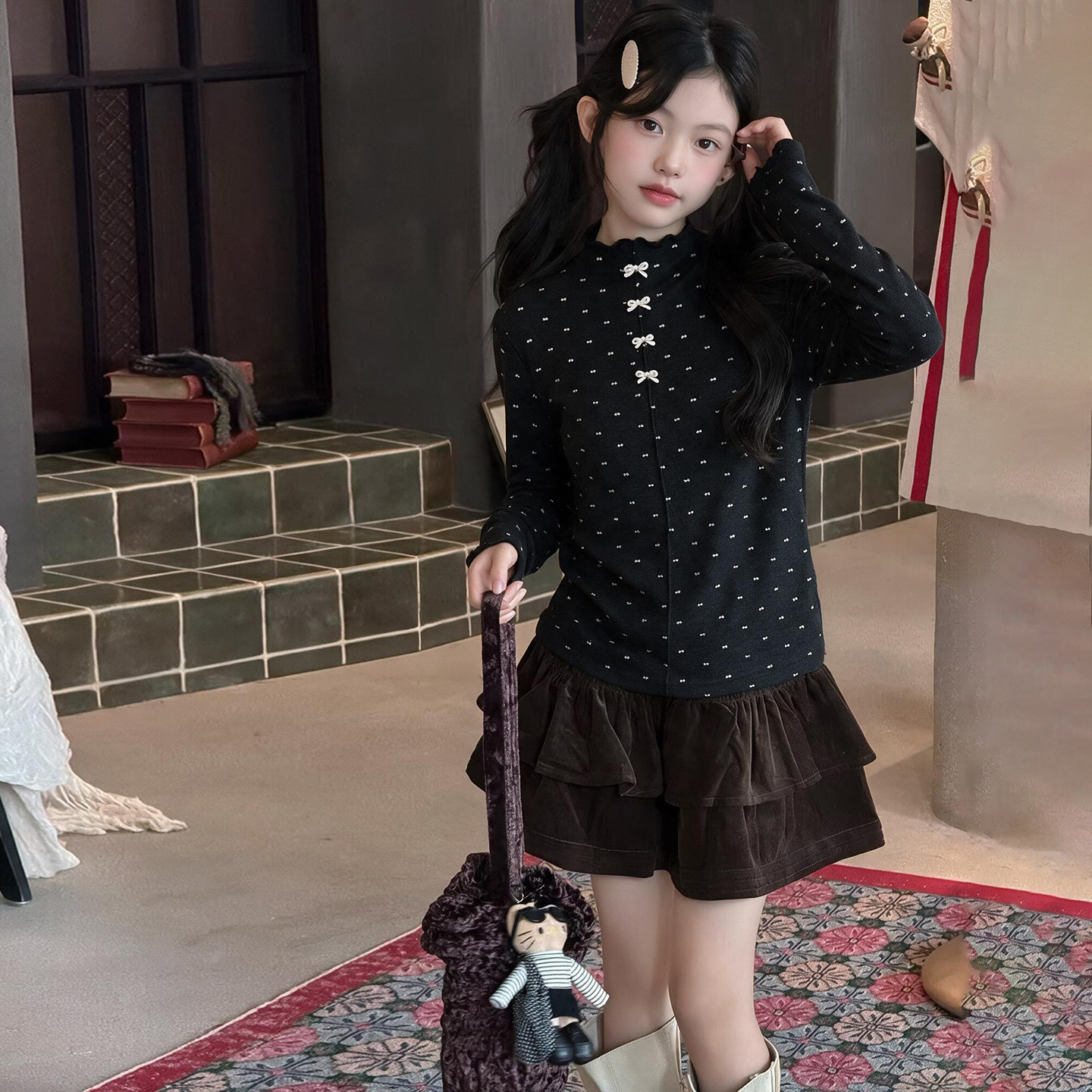 甜美女童加绒打底衫2026秋冬季新款儿童冬装超好看蝴蝶结内搭上衣