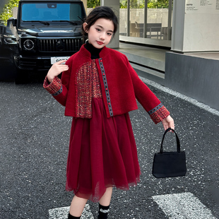 女童秋冬连衣裙2026新款红色加厚公主裙子冬季大童新年衣服拜年服