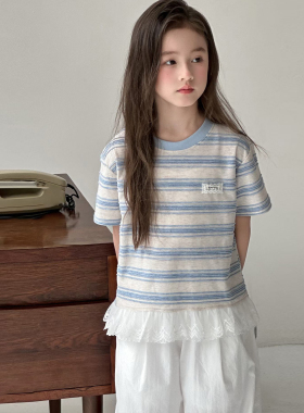 2026新款童装韩版蓝色立体提花条纹下摆拼接蕾丝女童短袖T恤