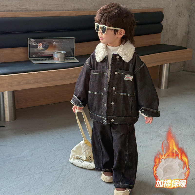 男童牛仔套装秋冬2025新款痞帅毛毛领儿童夹棉外套冬装男宝两件套