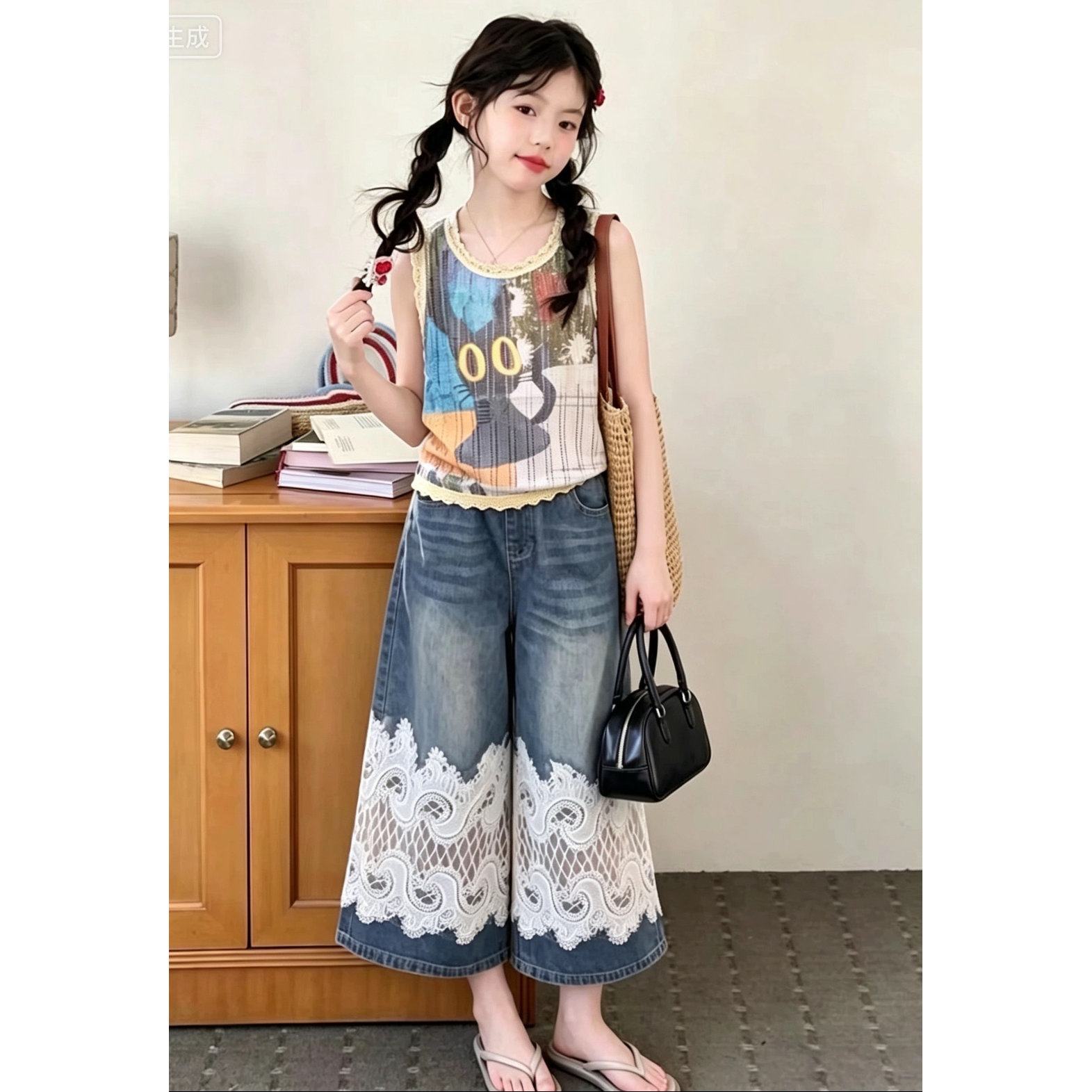 韩系女童套装夏季2026新款儿童猫咪印花背心女孩洋气阔腿裤两件套