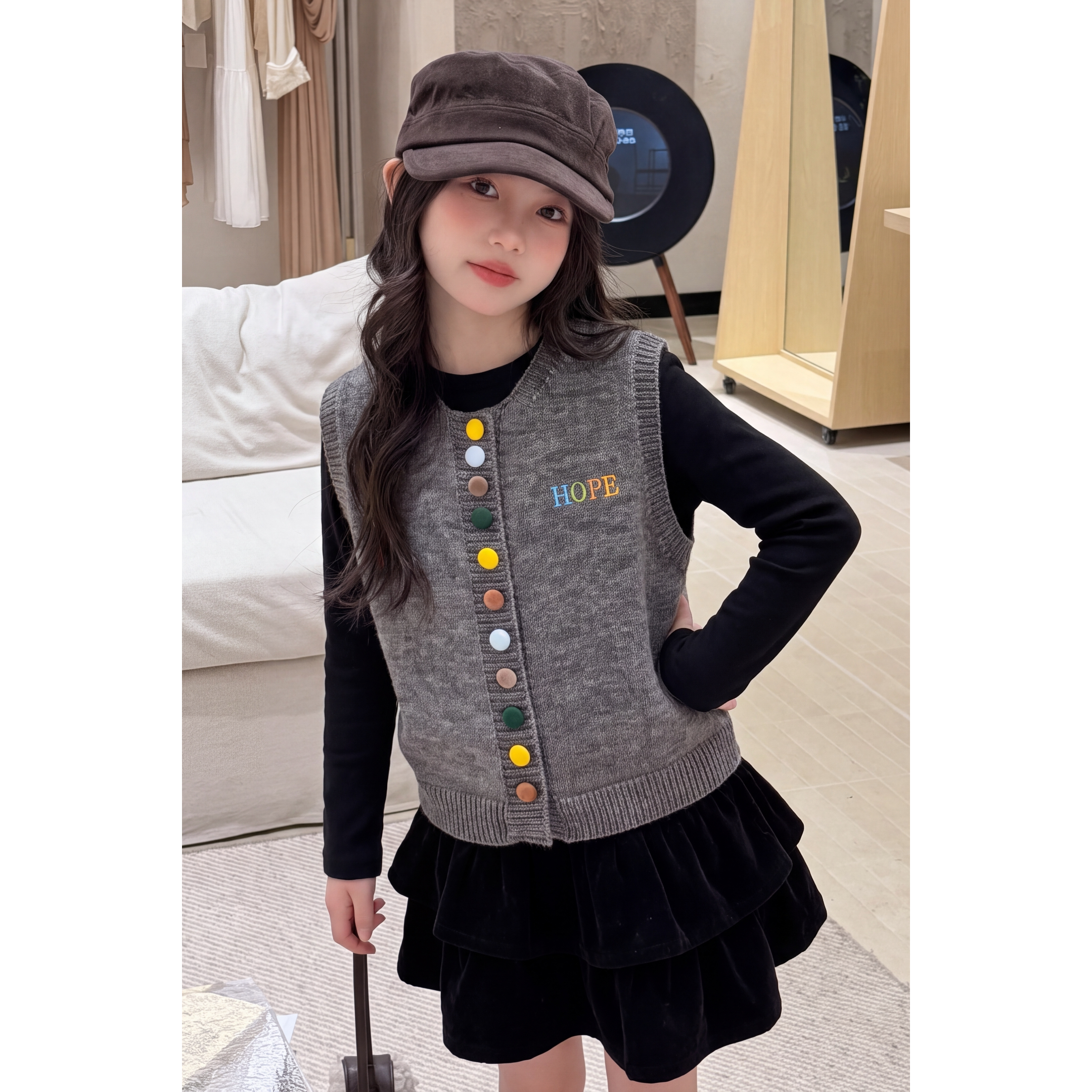 韩系女童毛衣套装2026秋新款儿童毛衣马甲开衫打底衫半身裙两件套