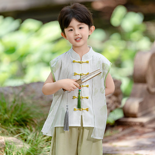 男童汉服夏天国风无袖薄款套装儿童新中式古风改良帅气唐装表演服