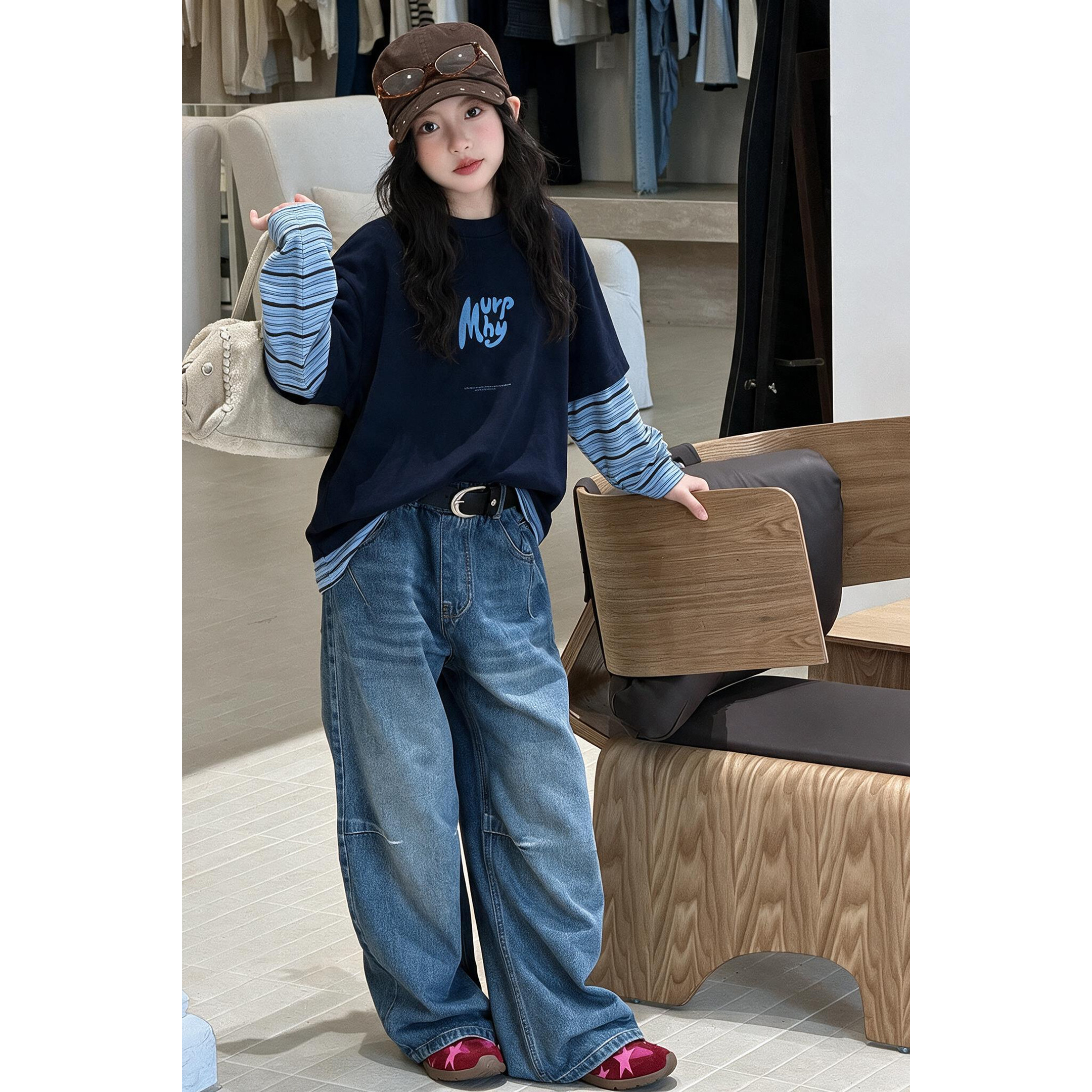 女童春秋款假两件卫衣套装2026新款女大童秋装宽松牛仔裤两件套