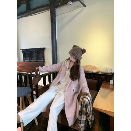 吾小画浅 秋冬新款气质通勤百搭显瘦高级感粉色毛呢大衣外套女