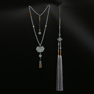 春生-璎珞项链背后挂件背云串珠玉牌古风岫玉长款毛衣链民族风