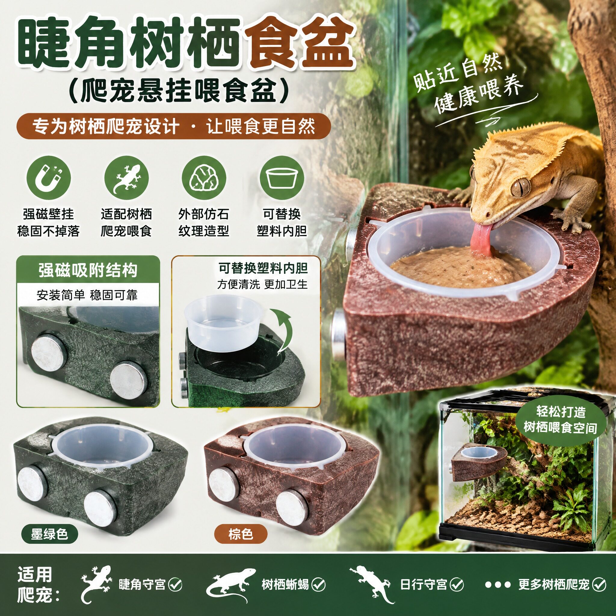 树栖爬虫玻璃网箱昆虫睫角守宫盖勾亚变色龙专用果泥水盆磁吸食盆