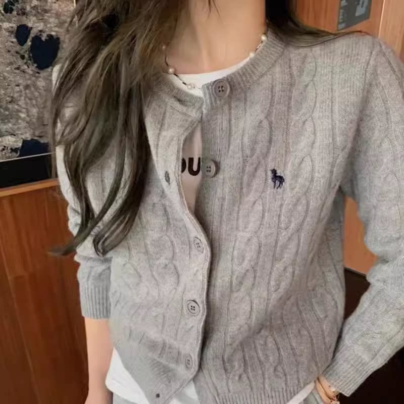 经典老钱风100%纯羊毛麻花针织外搭开衫女毛衣秋冬季小马刺绣外套