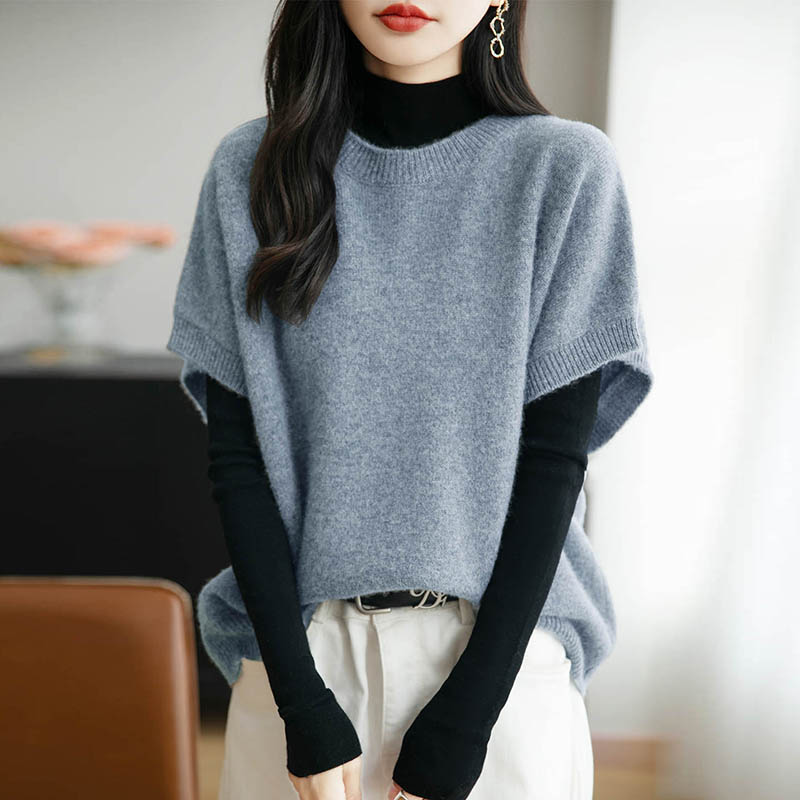 100%纯羊毛衫圆领马甲女秋冬宽松慵懒风落肩无袖毛衣绒衫针织坎肩