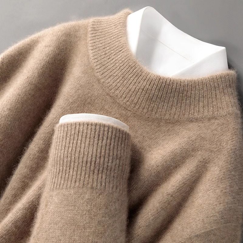 秋冬新款100%纯羊毛衫男半高圆领毛衣宽松针织绒衫纯色基础打底衫
